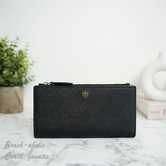 NWT Tory Burch 159229 Emerson Slim Envelope Black Saffiano Leather Wallet Clutch